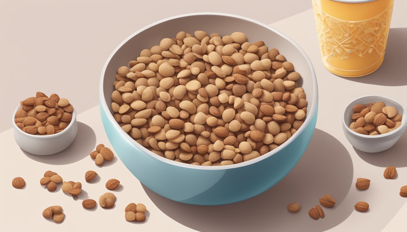 A bowl of Chex and a bowl of Cocoa Pebbles sit side by side, surrounded by ingredients like oats, nuts, and fruit. A measuring cup and spoon are nearby