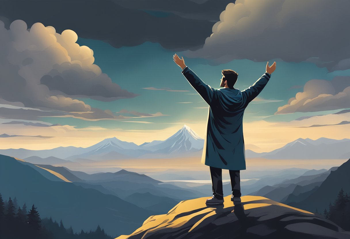 Digital art of a man on top of a mountain, with his hands, raised high overlooking a large mountain range in the distance in the light