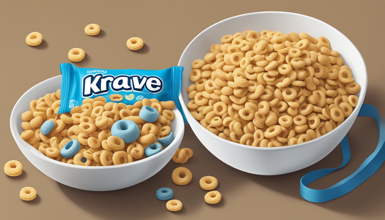 A bowl of Cheerios and a bowl of Krave cereal side by side, with a measuring tape and nutrition labels nearby for comparison