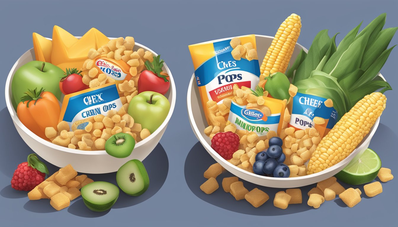 A bowl of chex and a bowl of corn pops surrounded by various fruits and vegetables, with vitamin and mineral labels displayed prominently