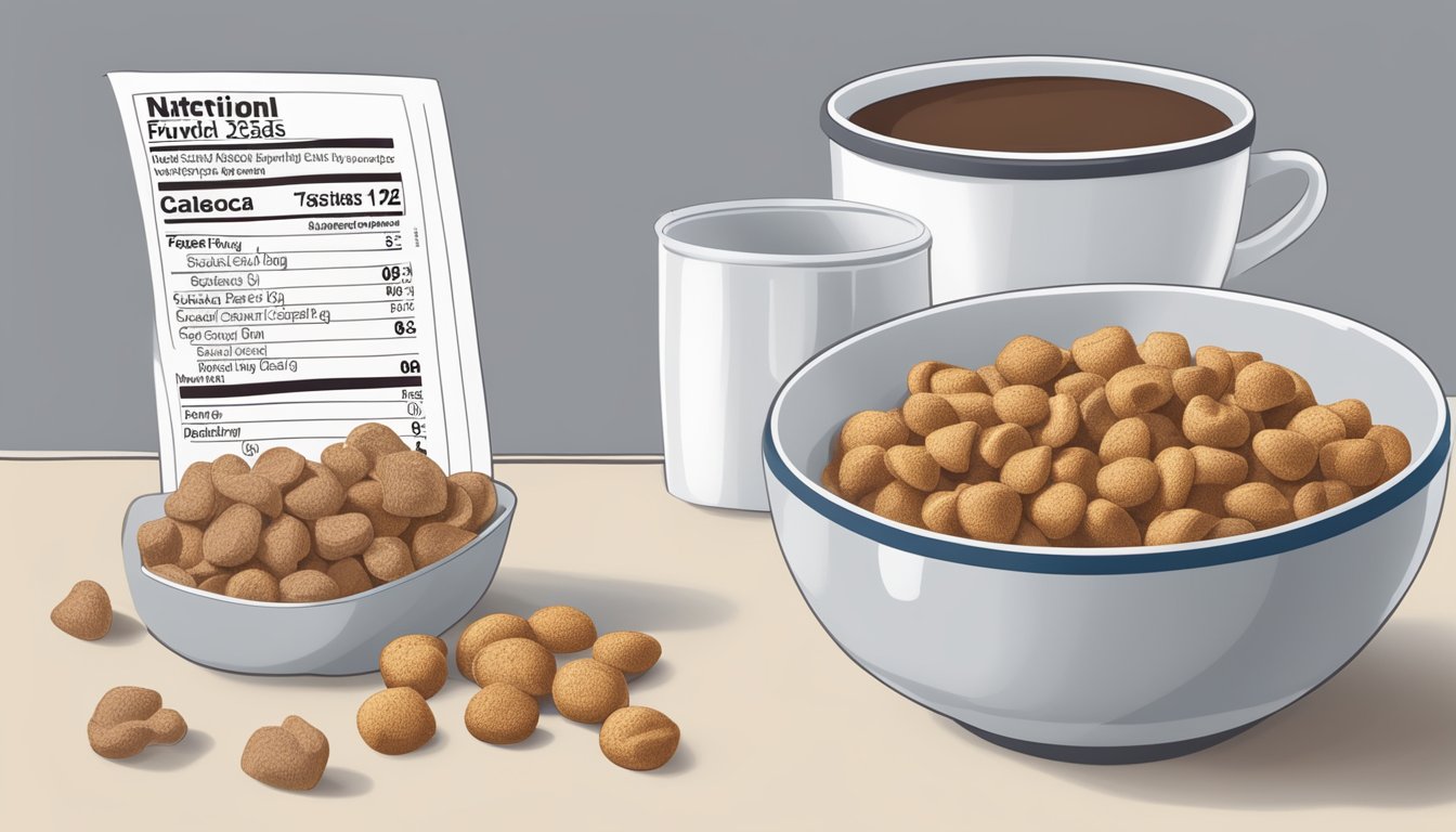 A bowl of Chex and a bowl of Cocoa Puffs side by side, surrounded by various nutritional information labels and a scale