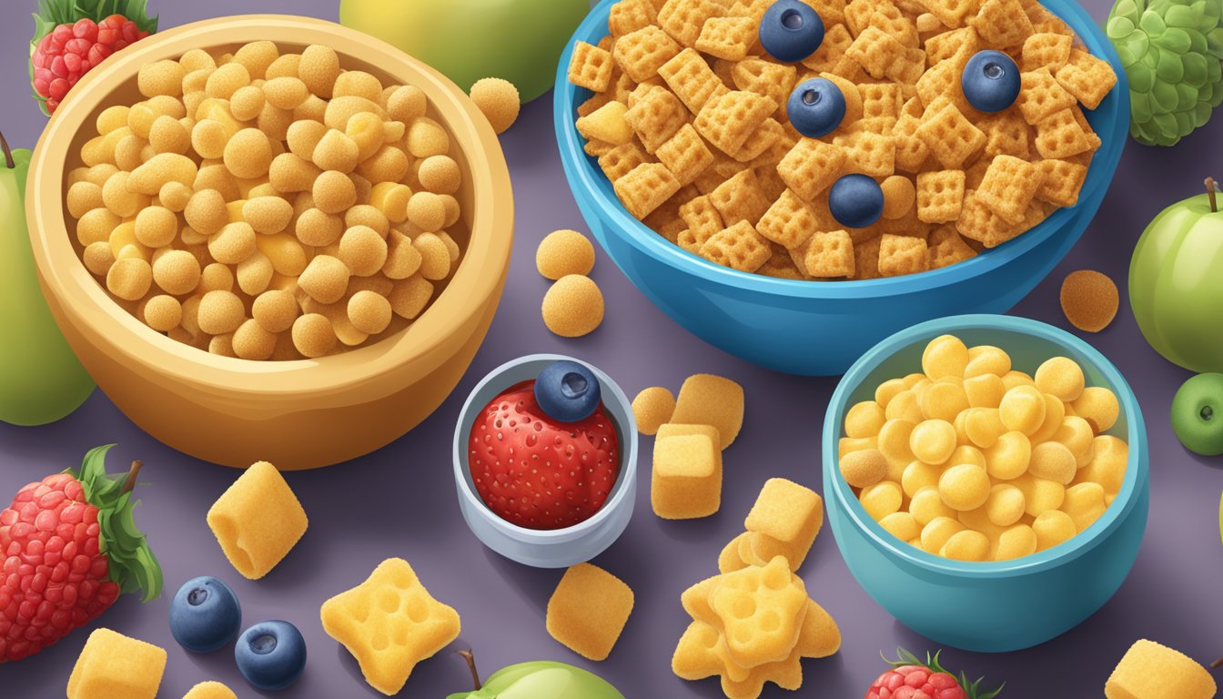 A bowl of Chex and a bowl of Corn Pops side by side, surrounded by a variety of fresh fruits and a glass of milk