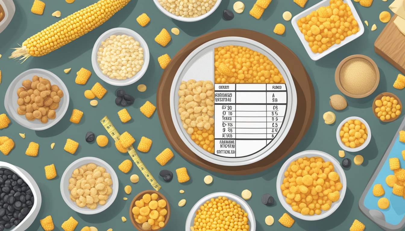 A table with bowls of Chex and Corn Pops surrounded by nutritional labels and a measuring tape