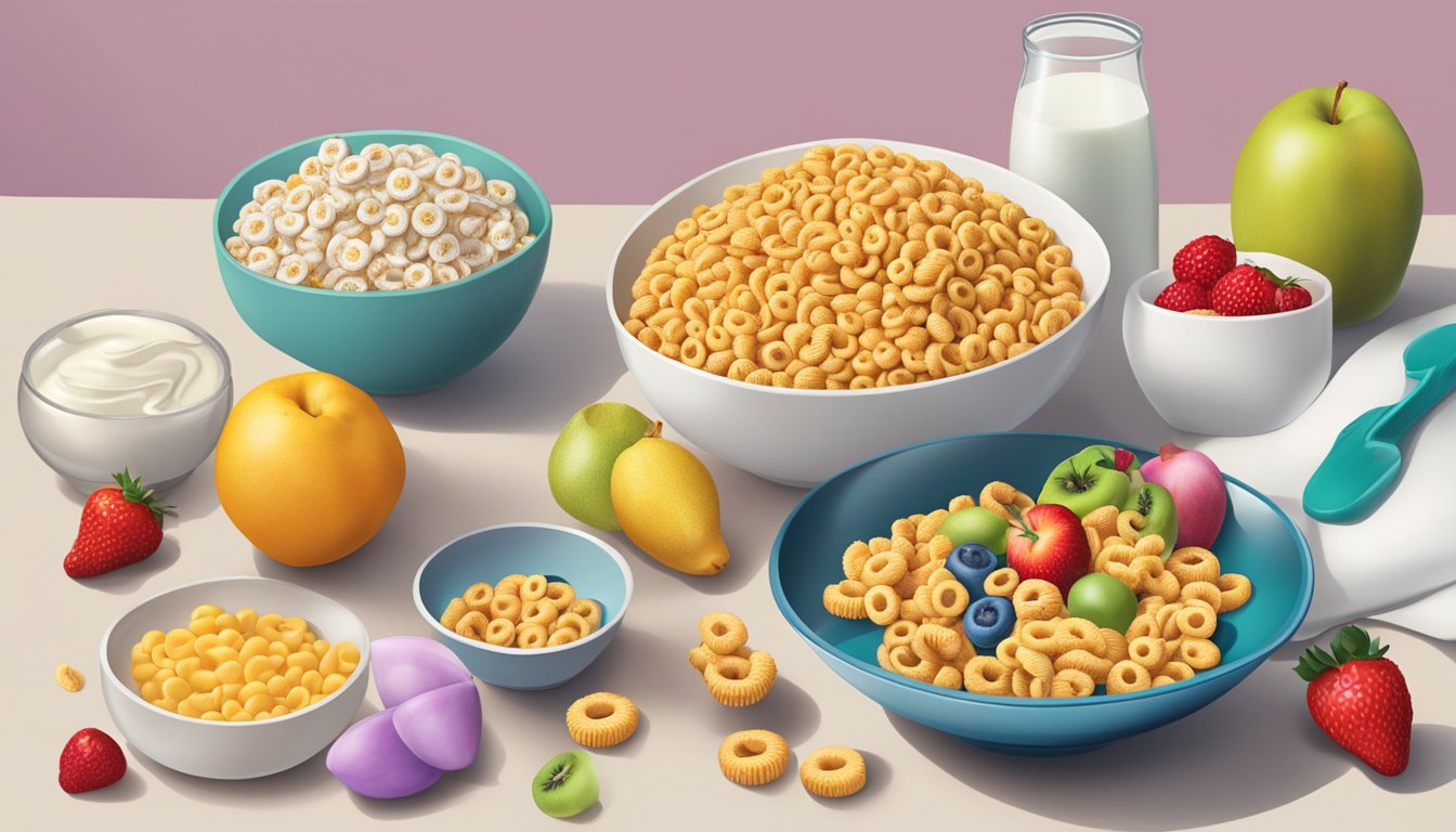 A table with bowls of Cheerios and Trix, surrounded by various fruits, milk, and measuring tools