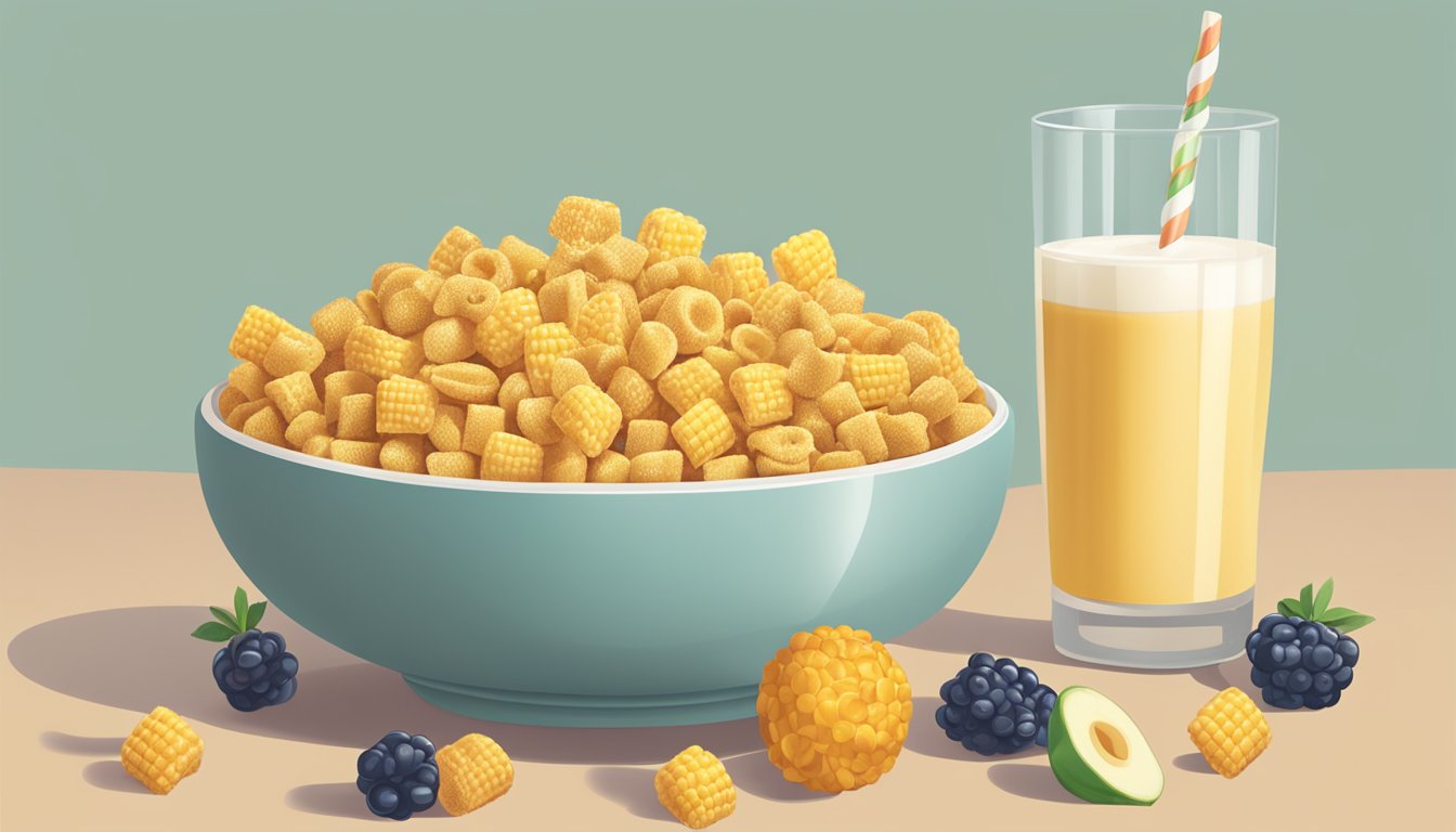 A bowl of Chex and a bowl of Corn Pops next to each other, surrounded by various fruits and a glass of milk