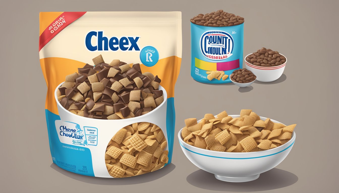 A bowl of Chex cereal and a bowl of Count Chocula cereal side by side, with a measuring tape and a nutrition label in the background