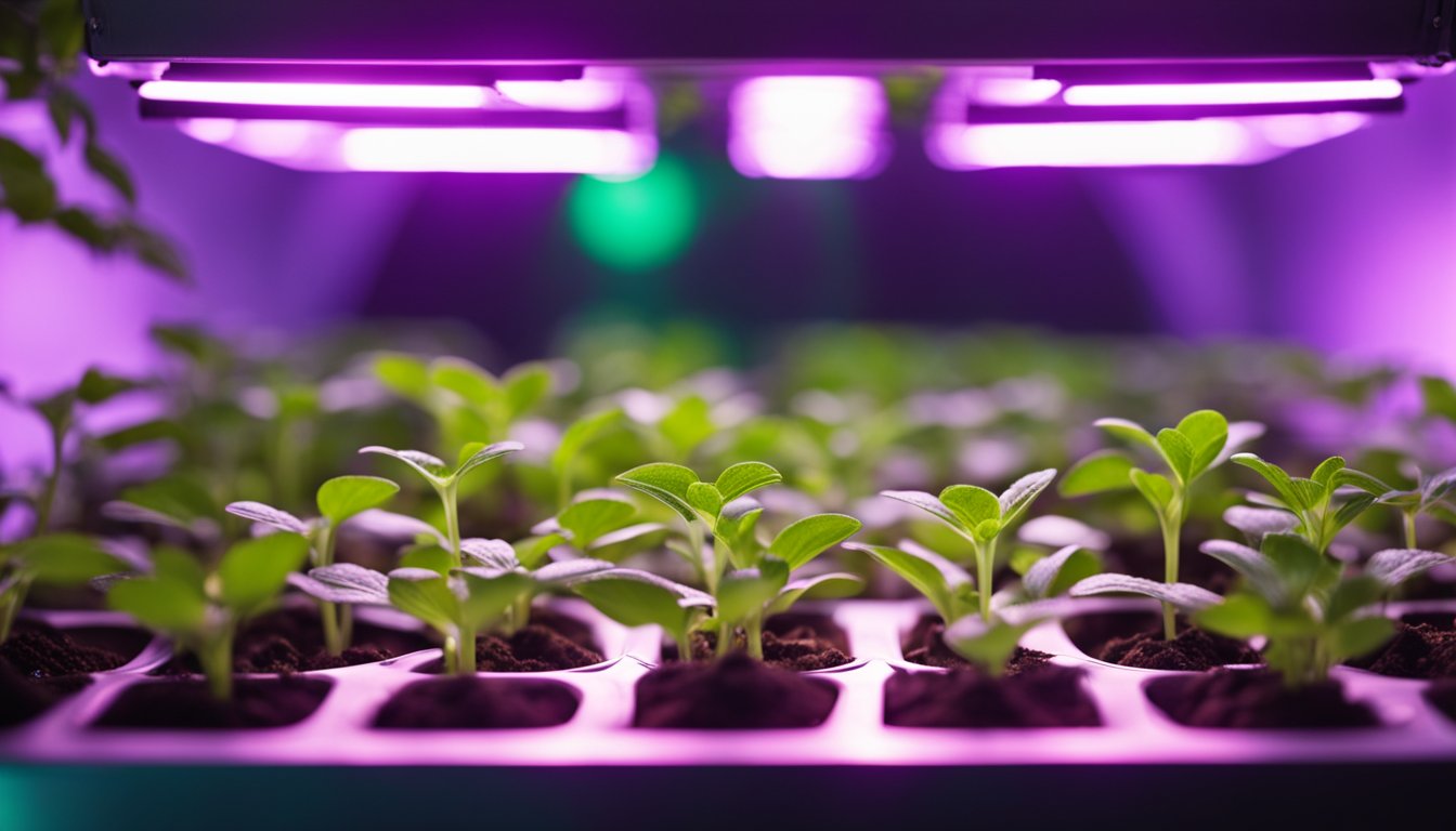 Healthy green seedlings reach for LED light in a reflective grow tent, monitored for optimal conditions