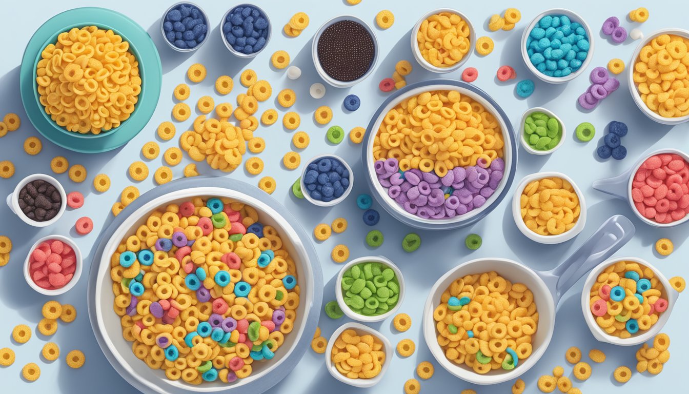 A bowl of Cheerios and a bowl of Trix sit side by side, surrounded by measuring cups and nutrition labels