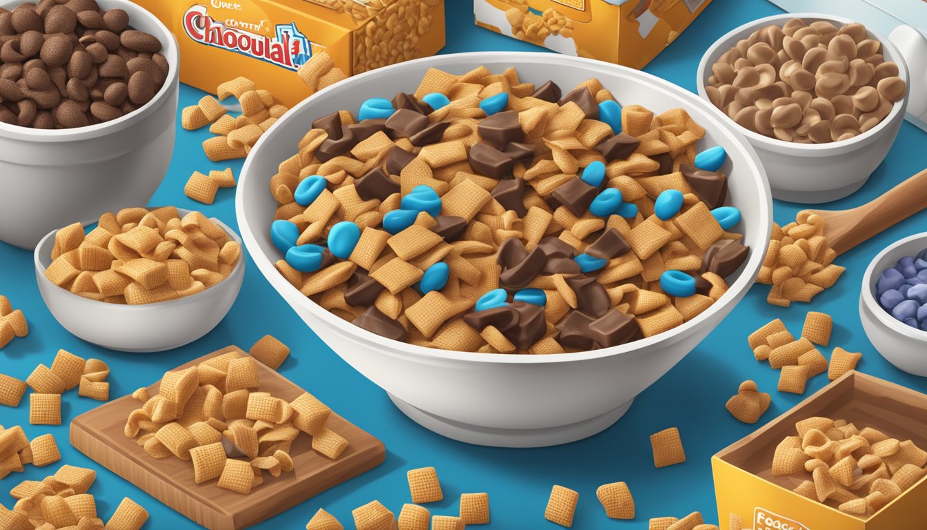 A bowl of Chex cereal and a bowl of Count Chocula cereal next to each other, with various ingredient and nutrient labels scattered around