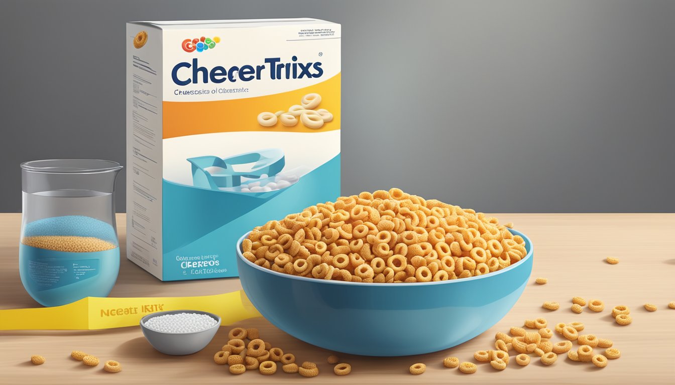 A bowl of cheerios and trix side by side, with a sodium and glycemic index chart in the background