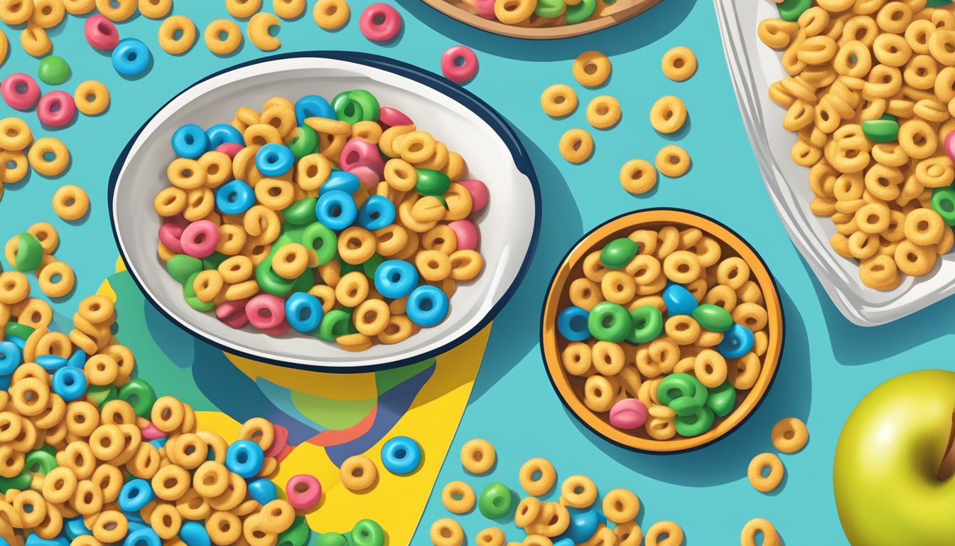 A bowl of Cheerios and a bowl of Trix side by side, with a measuring tape and apple nearby