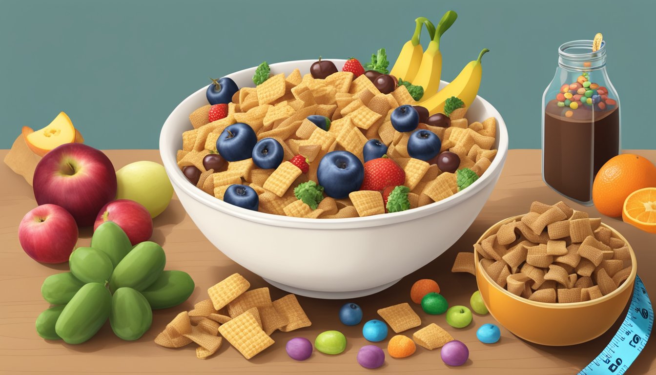 A bowl of Chex cereal next to a bowl of Count Chocula, with a measuring tape and various fruits and vegetables in the background