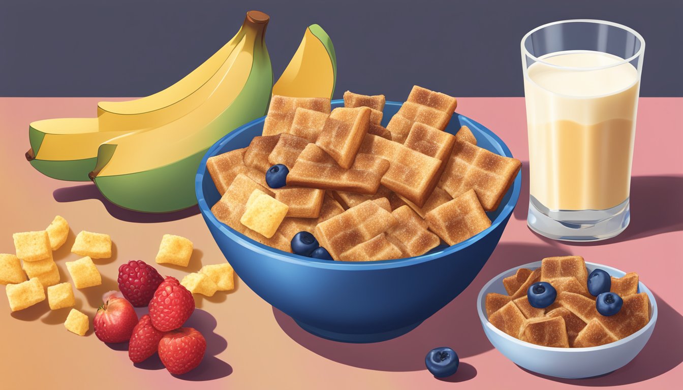 A bowl of Chex cereal next to a bowl of French Toast Crunch, surrounded by various fruits and a glass of milk