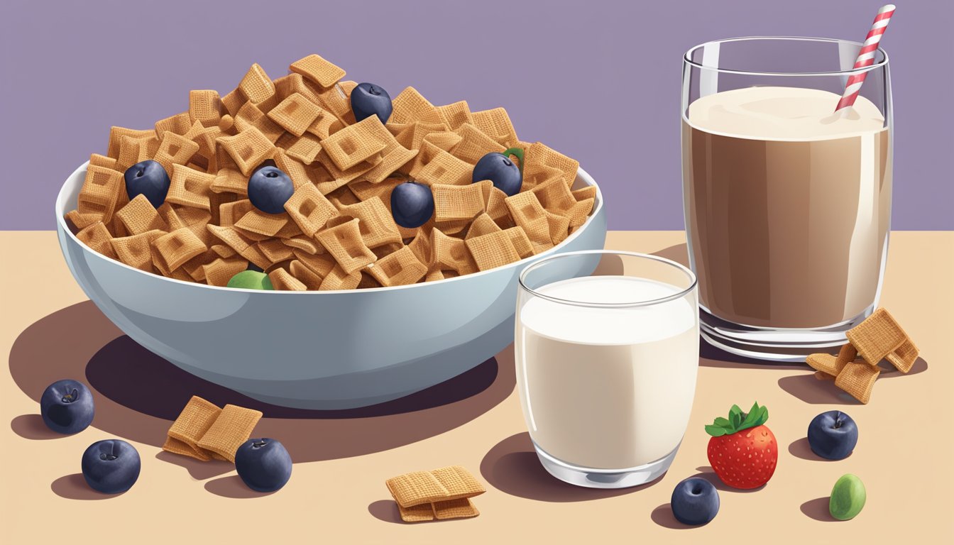 A bowl of Chex cereal next to a bowl of Count Chocula, surrounded by various fruits and a glass of milk