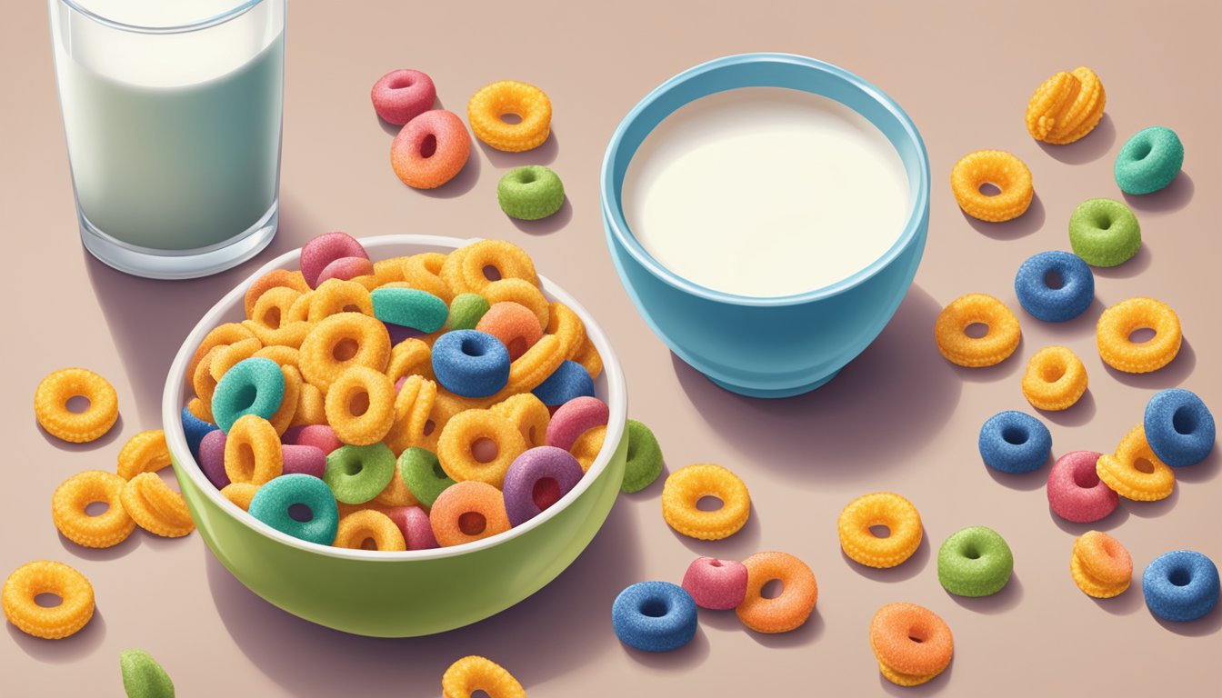 A bowl of Cheerios and a bowl of Trix sit side by side on a table, surrounded by fresh fruit and a glass of milk