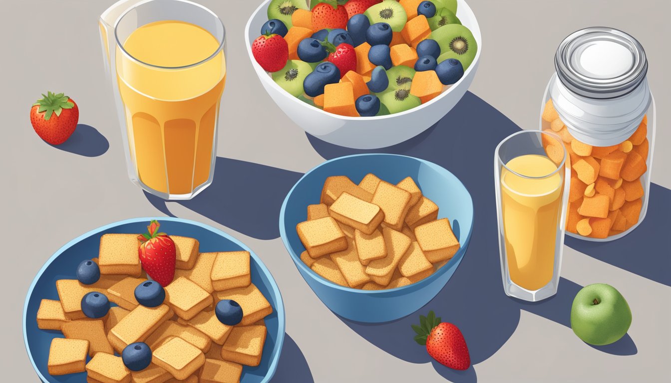 A bowl of Vitamins and Minerals chex next to a bowl of French Toast Crunch, with various fruits and vegetables surrounding them