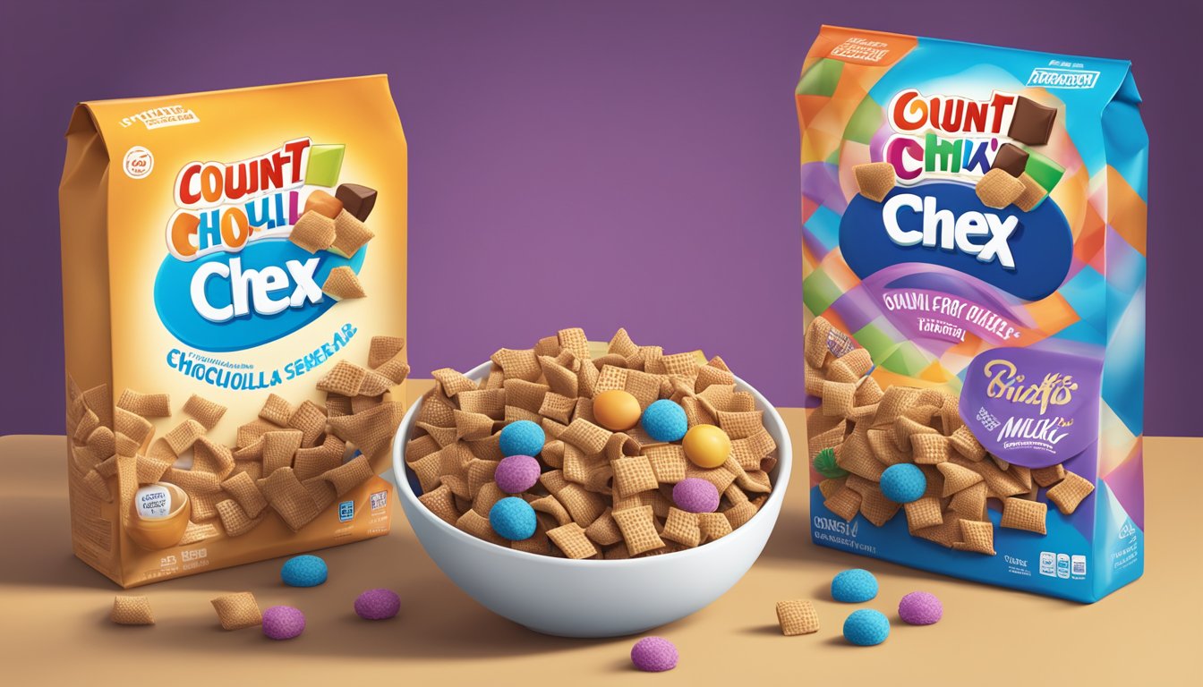 A bowl of Chex cereal and a bowl of Count Chocula cereal sit side by side on a table, surrounded by colorful packaging and milk