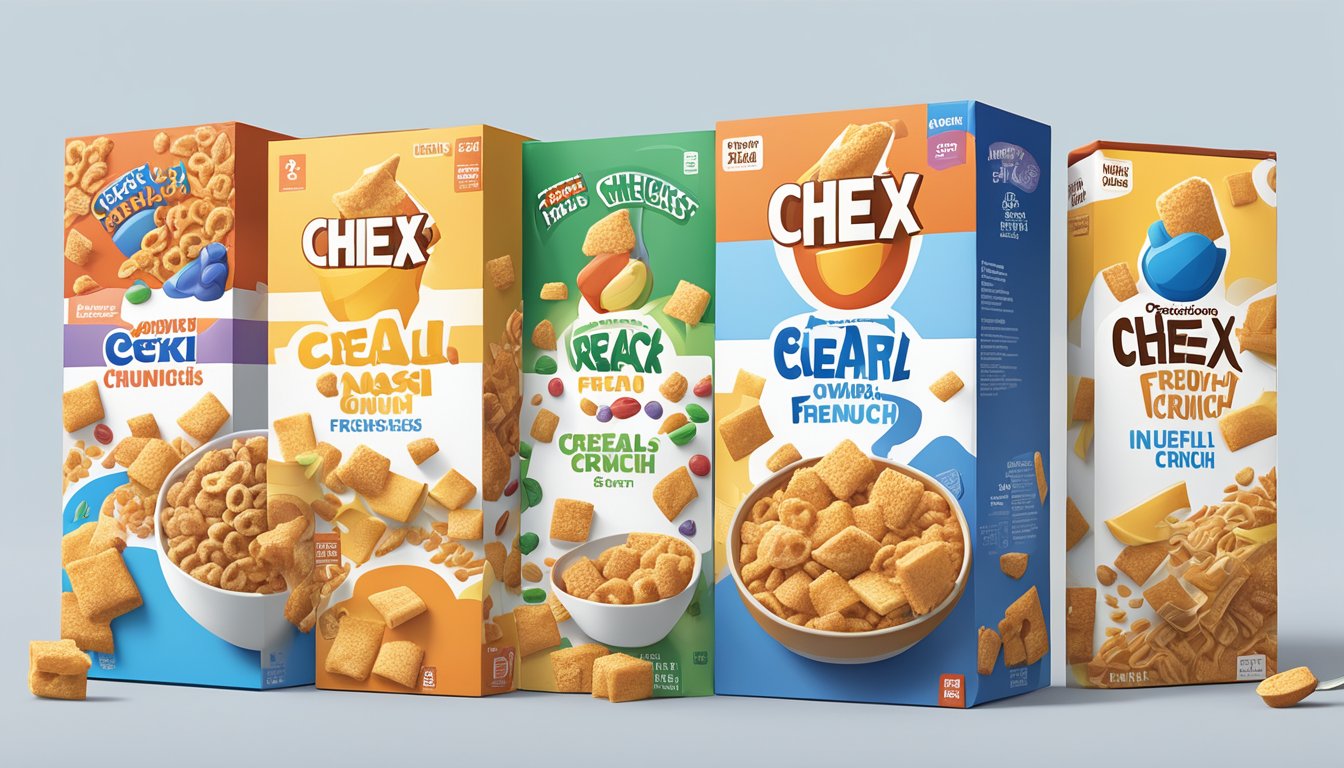 A colorful array of cereal boxes, bowls, and spoons, with Chex and French Toast Crunch displayed side by side. Nutritional information is visible on the packaging