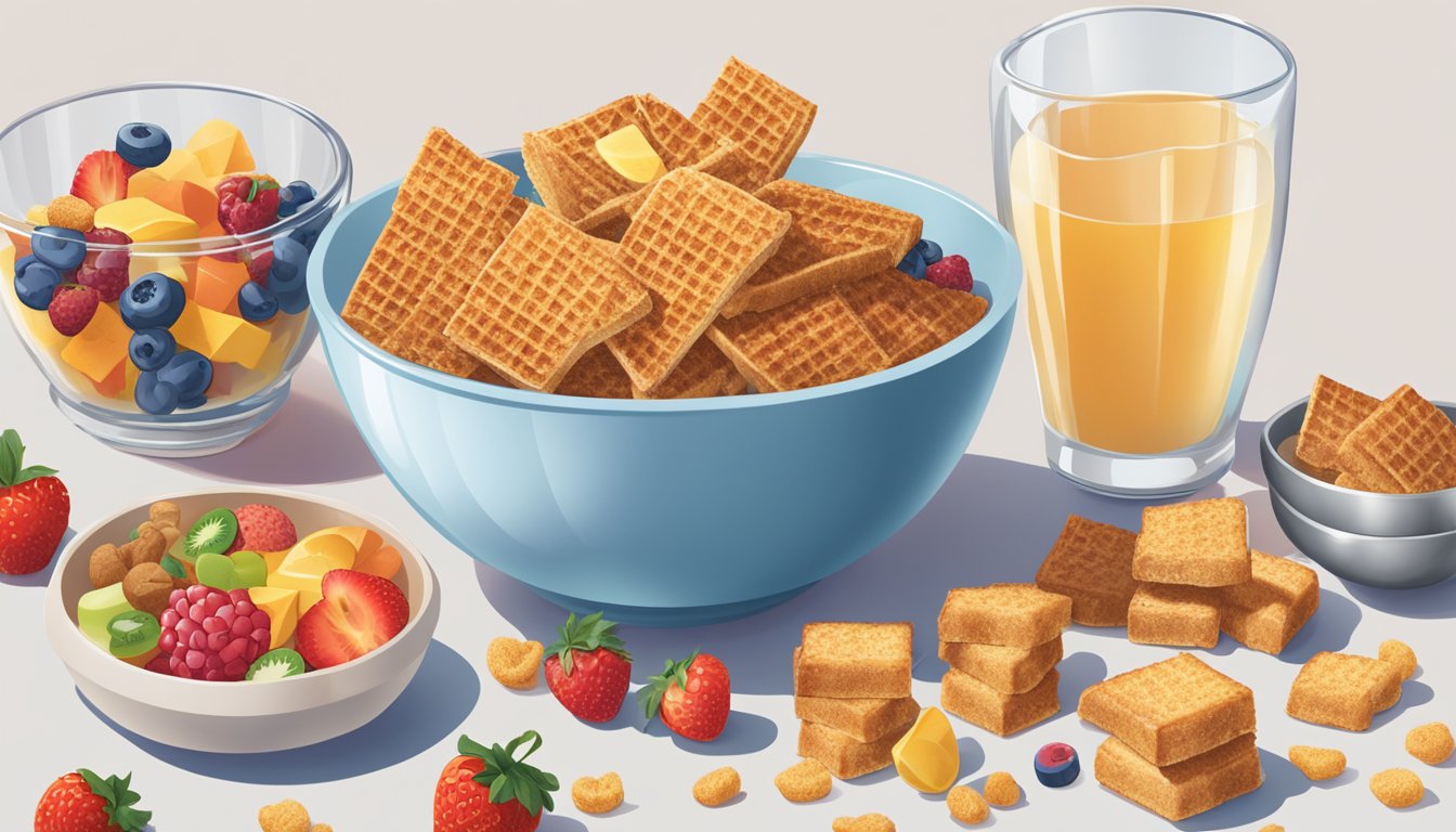 A bowl of Chex cereal sits next to a plate of French toast crunch. Surrounding the dishes are various fruits and vegetables, as well as a glass of water