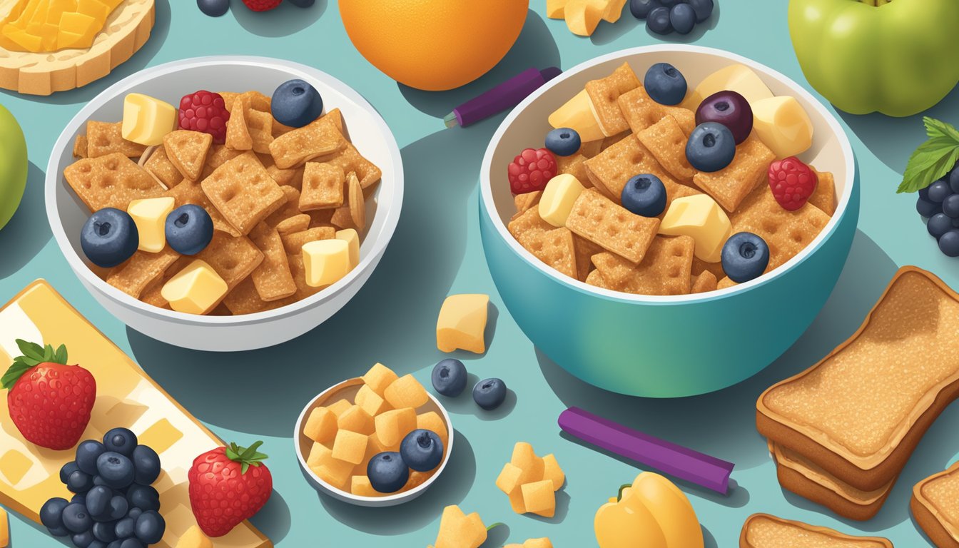 A bowl of Chex and French Toast Crunch side by side, surrounded by various nutritional elements like fruits, vegetables, and a measuring tape