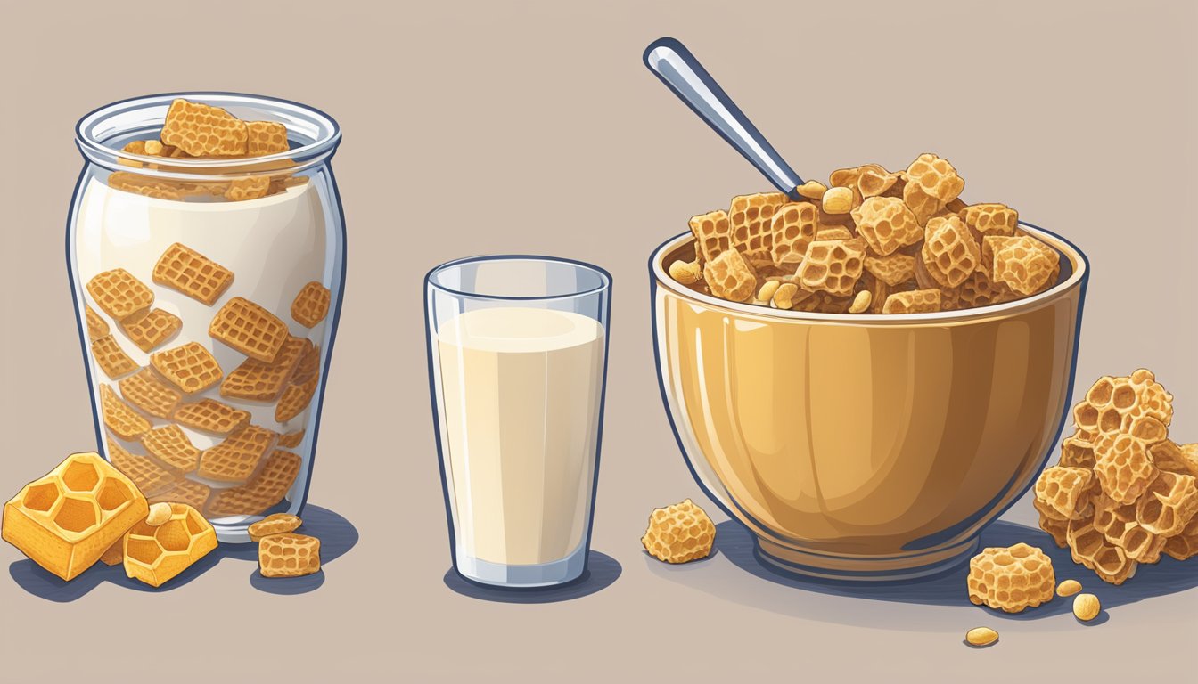 A bowl of Chex and Honeycomb cereal next to each other, with a measuring cup of milk. Nutritional labels are visible