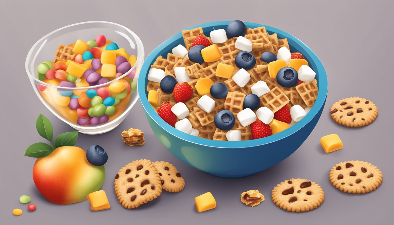 A bowl of Chex cereal surrounded by fresh fruit and a glass of milk, contrasted with a bowl of Cookie Crisp cereal with chocolate chips and marshmallows