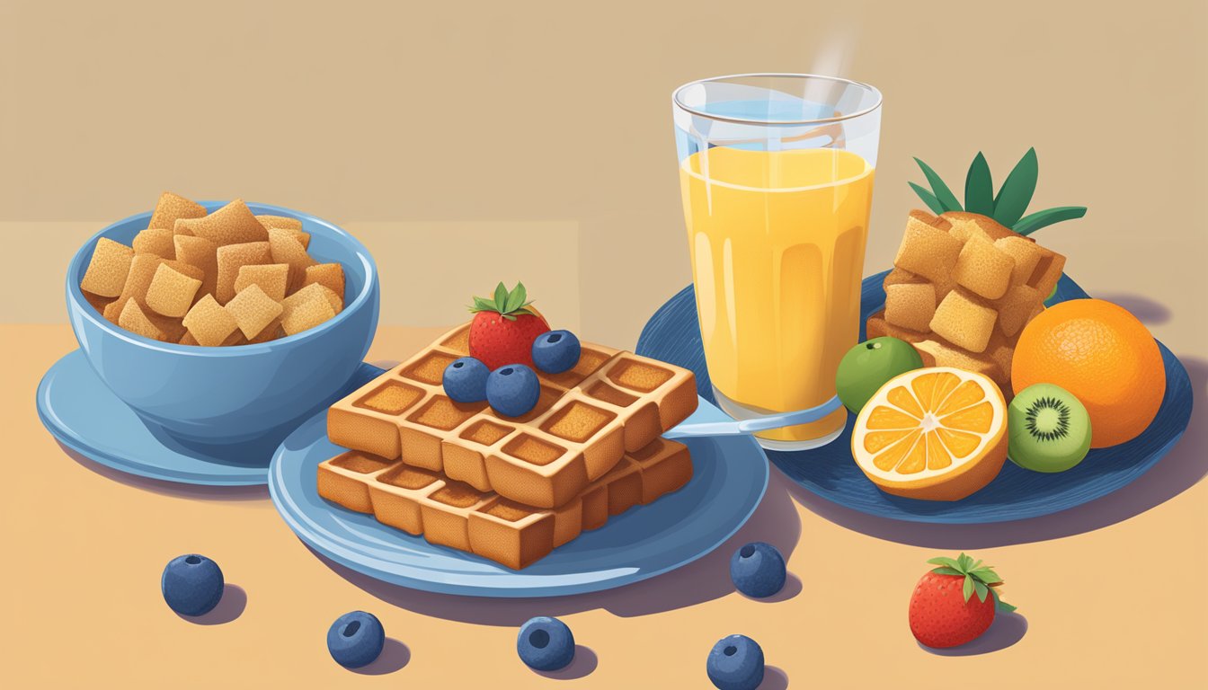 A bowl of Chex cereal next to a plate of French toast crunch, surrounded by fresh fruit and a glass of orange juice