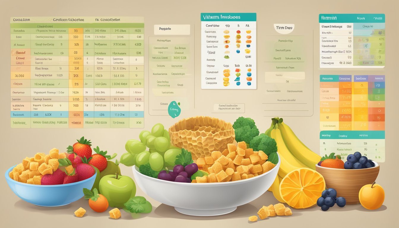 A bowl of Chex and Honeycomb cereal side by side, surrounded by a variety of fruits and vegetables. A nutritional chart showing the vitamin and mineral content hovers above the bowls