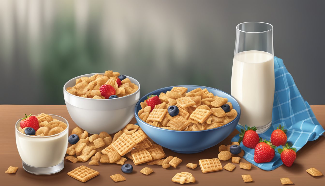 A bowl of Chex and Cookie Crisp cereal side by side, surrounded by fresh fruit and a glass of milk