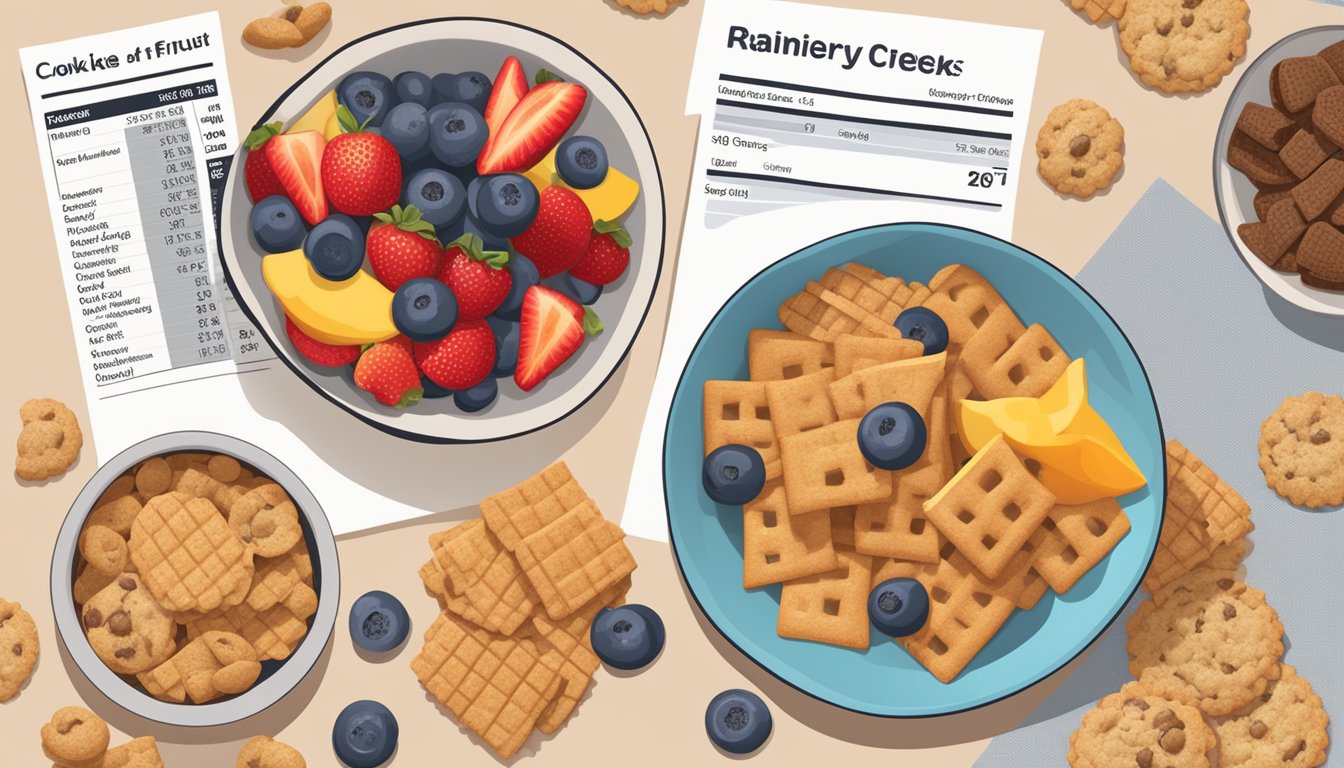 A bowl of Chex and a bowl of Cookie Crisp side by side, surrounded by various fruits and nutritional information labels