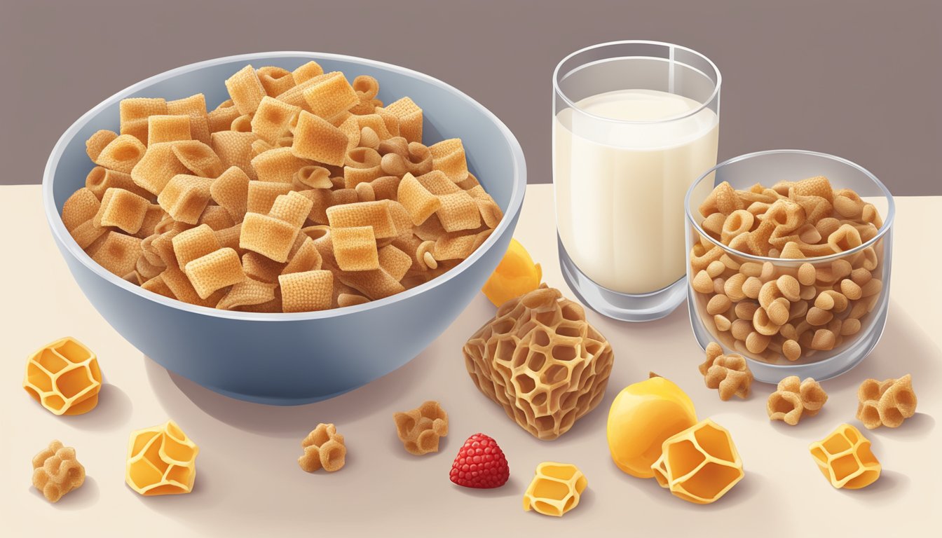 A bowl of Chex and Honeycomb cereal next to each other, surrounded by various fruits and a glass of milk