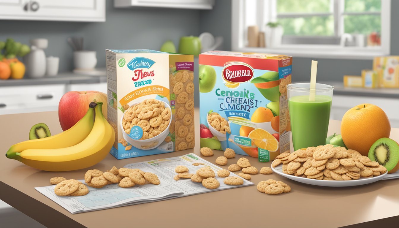 A kitchen table with two cereal boxes, one Chex and one Cookie Crisp, surrounded by various fruits and nutritional information