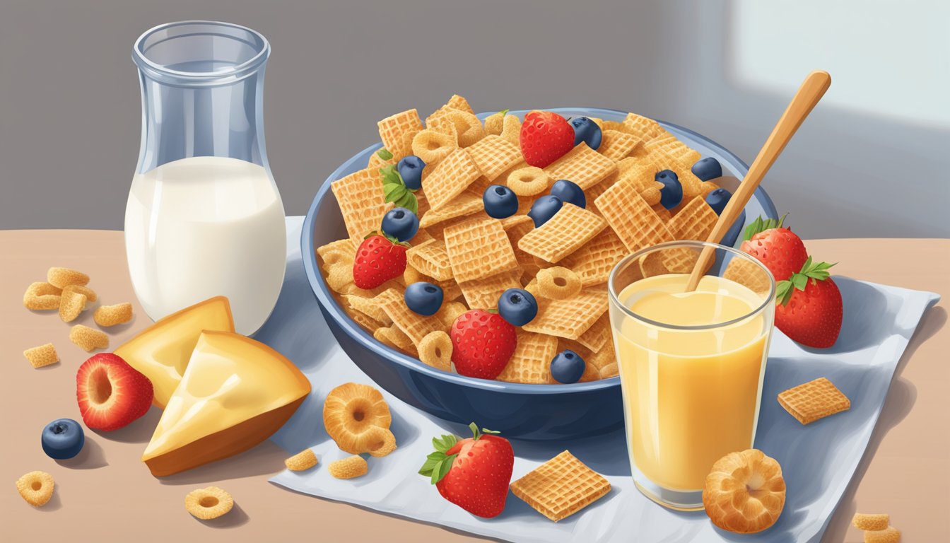 A bowl of Chex and Honey Ohs cereal side by side, surrounded by fresh fruit and a glass of milk