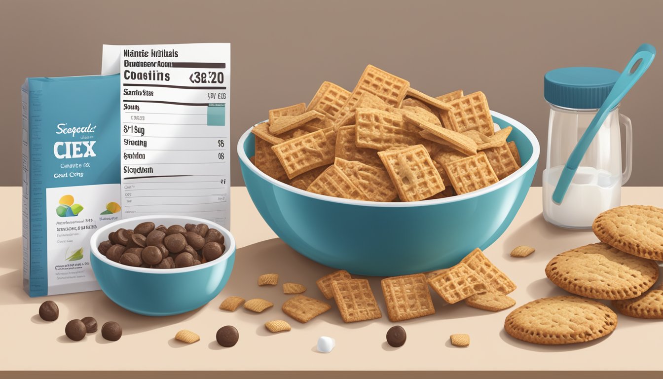 A bowl of Chex and a bowl of Cookie Crisp sit side by side, surrounded by measuring cups and nutritional information