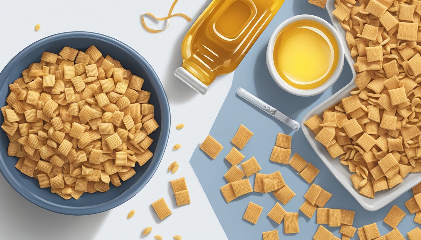 A bowl of Chex and a bowl of Honey Smacks side by side, with a measuring tape and a nutrition label next to each