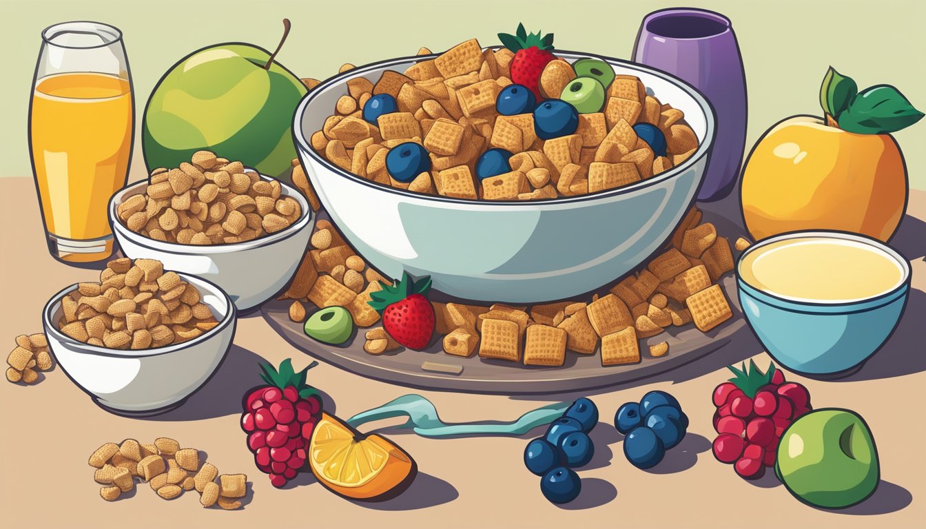 A bowl of Chex cereal surrounded by a variety of colorful fruits and a glass of milk, contrasting with a bowl of Honey Ohs cereal with no other food items present