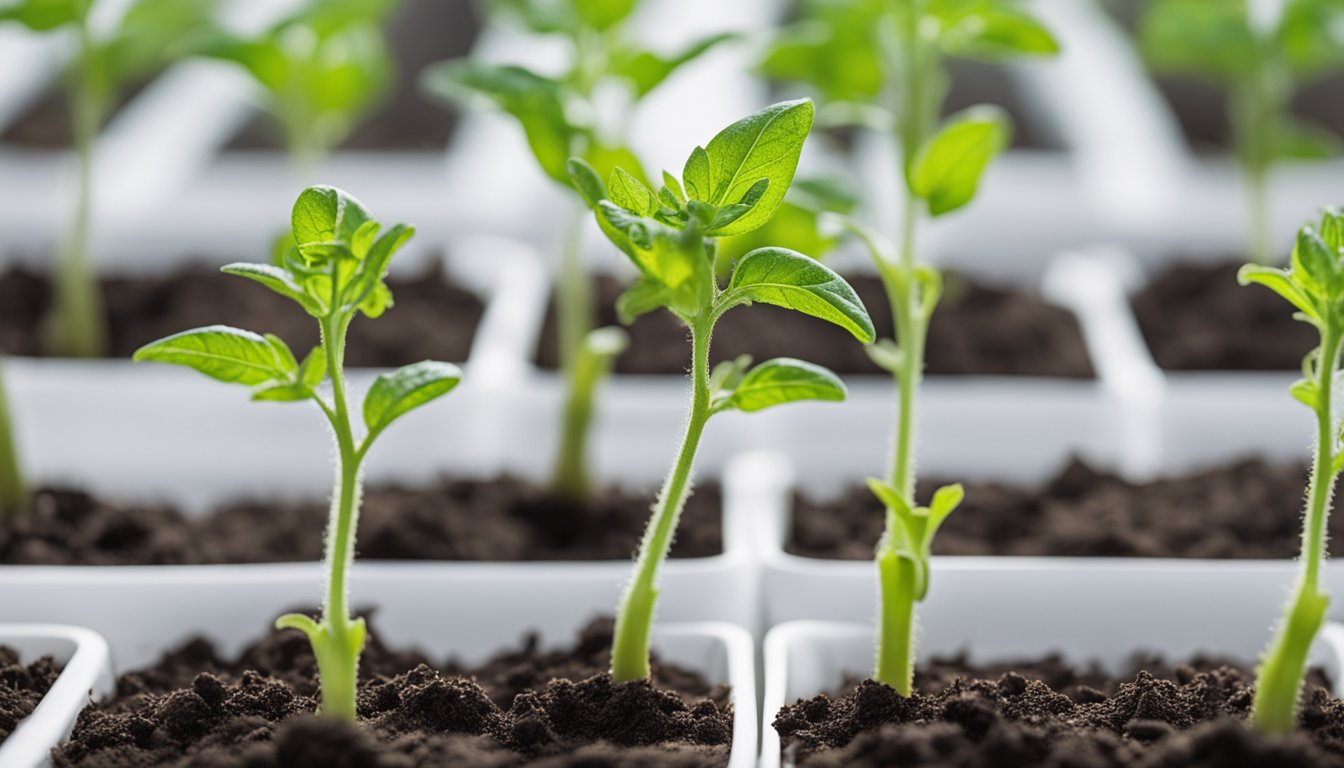 Two identical tomato seedlings: one thriving under 16-hour light, the other stressed under 24-hour light. Digital timer and light meter in background