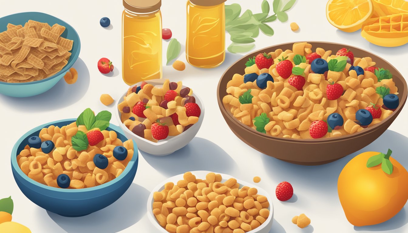 A bowl of Chex cereal next to a bowl of Honey Smacks, surrounded by images of healthy foods like fruits and vegetables