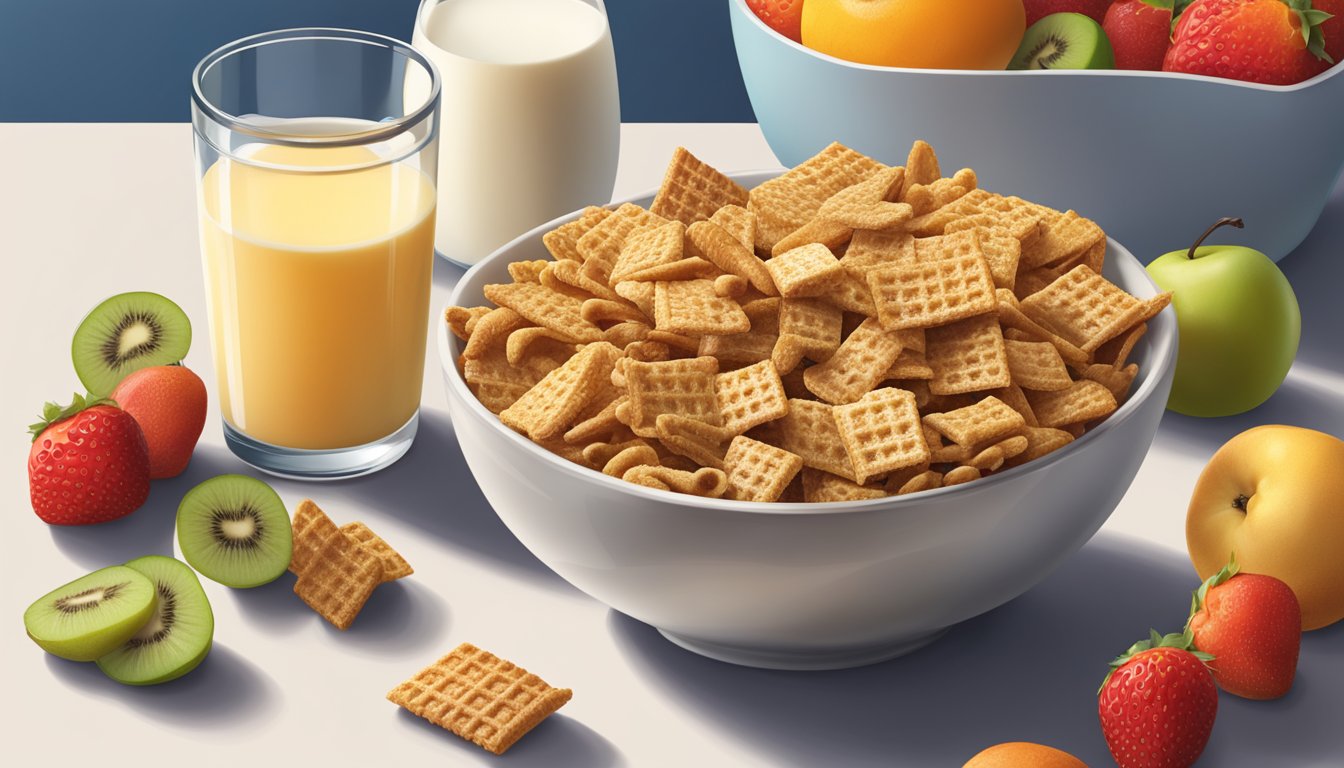 A bowl of Chex and Crispix cereal sits side by side, surrounded by a variety of fresh fruits and a glass of milk