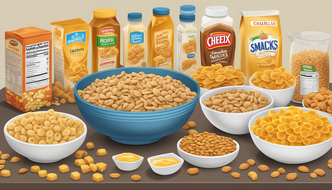 A table with bowls of Chex and Honey Smacks, surrounded by various cereal ingredients and nutrition labels