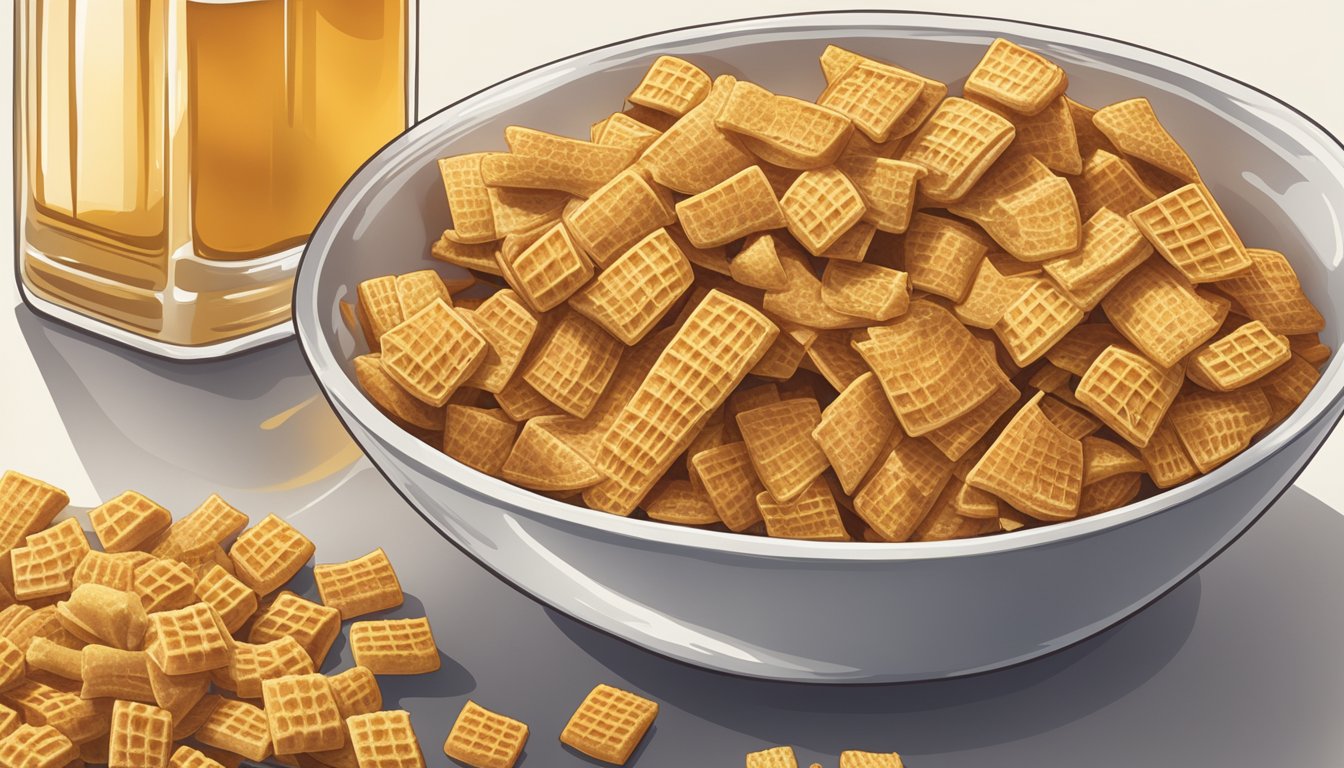 A bowl of Chex and a bowl of Honey Smacks side by side, with a measuring cup next to them