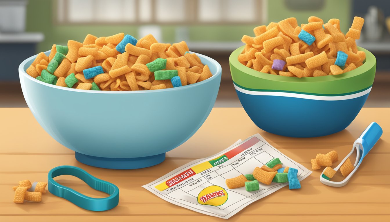 A bowl of Chex and a bowl of Apple Jacks next to each other on a table, with a measuring tape and a nutrition label in the background