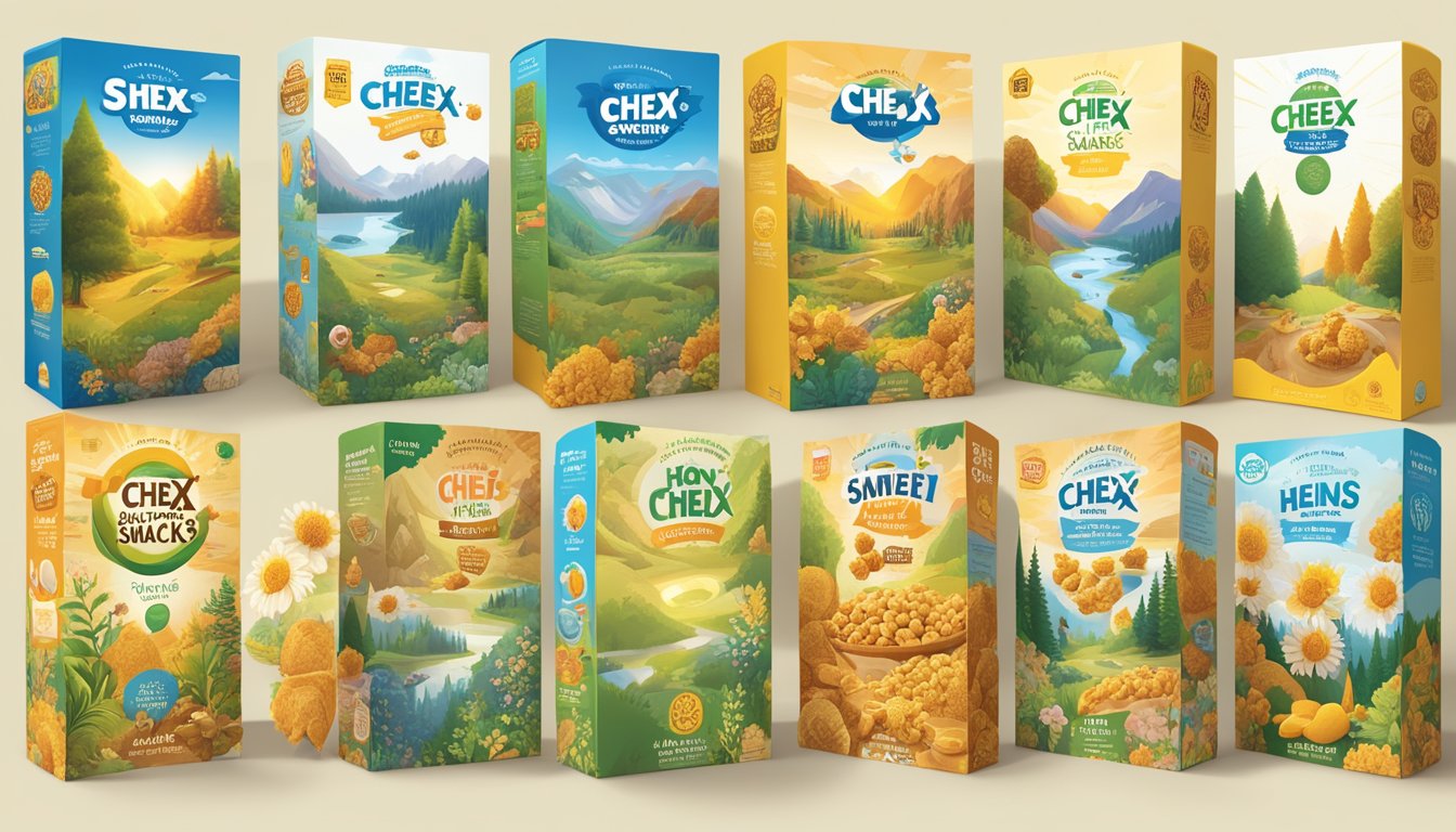 A comparison of Chex and Honey Smacks cereal boxes surrounded by images of nature and ethical symbols