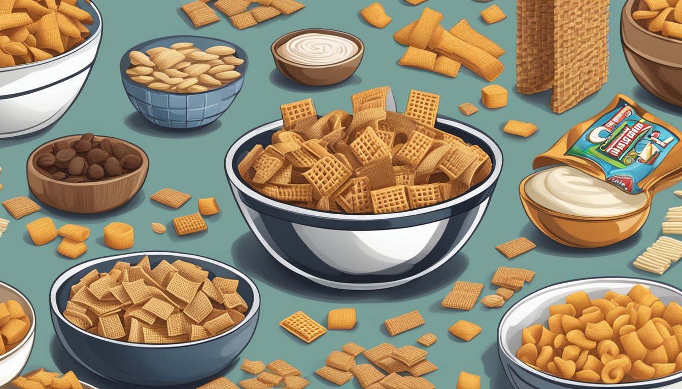 A bowl of Chex and a bowl of Crispix surrounded by various ingredients and dietary labels