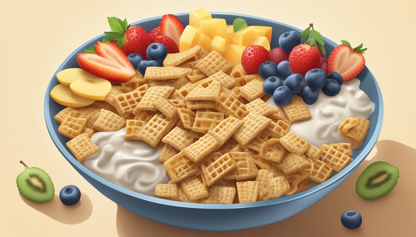 A bowl of Chex and Honey Smacks cereal side by side, surrounded by a variety of fresh fruits and a glass of milk