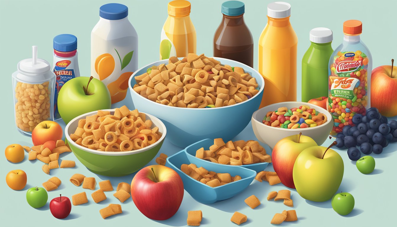 A bowl of Chex cereal and a bowl of Apple Jacks cereal with various fruits and vitamin bottles surrounding them