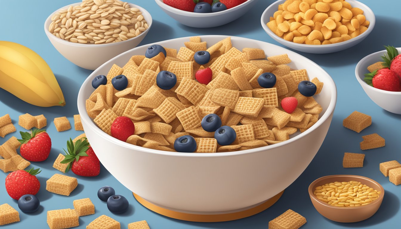 A bowl of Chex and Crispix cereal side by side, surrounded by a variety of whole grains and fruits, with a nutrition label in the background