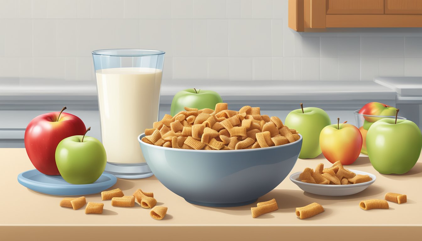 A bowl of Chex cereal and a bowl of Apple Jacks sit side by side on a kitchen table, surrounded by fresh apples and a glass of milk