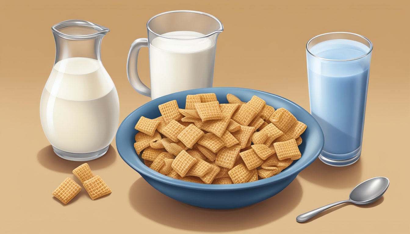 A bowl of Chex and Crispix cereal next to a glass of milk, a spoon, and a measuring cup of each cereal