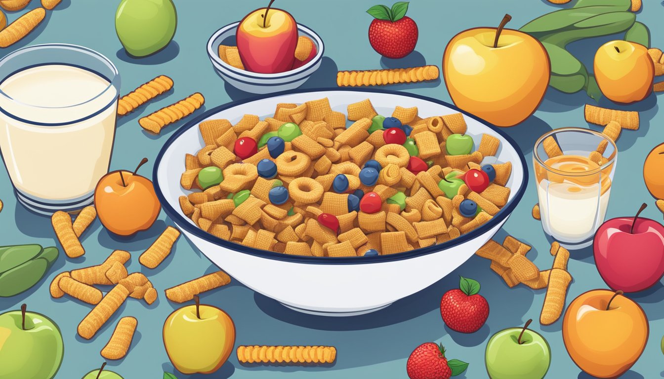 A bowl of Chex and a bowl of Apple Jacks surrounded by various fruits and a glass of milk